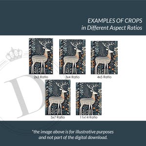 May include: An image showcasing examples of deer art prints in various aspect ratios: 2x3, 3x4, 4x5, 5x7, and 11x14. Each print features a stylized deer with white antlers and a patterned body, set against a dark, leafy background. The text reads "EXAMPLES OF CROPS in Different Aspect Ratios".