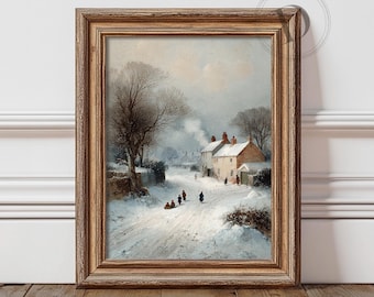 Winter Village Printable Wall Art, Vintage Christmas Snow Scene Print, Digital Download