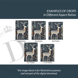 May include: An image showcasing examples of deer art prints in various aspect ratios: 2x3, 3x4, 4x5, 5x7, and 11x14. Each print features a stylized deer with white antlers and a patterned body, set against a dark, leafy background. The text reads "EXAMPLES OF CROPS in Different Aspect Ratios".