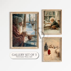 Santa Claus Wall Art, Printable Christmas Gallery Wall Set of 3, Vintage Winter Cottage Scene Print, Cozy Holiday Decor, Digital Download
