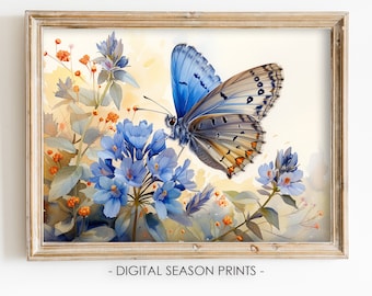 Butterfly in Blue Flower Garden, Moth Print, Summer PRINTABLE Digital Art, Instant Download