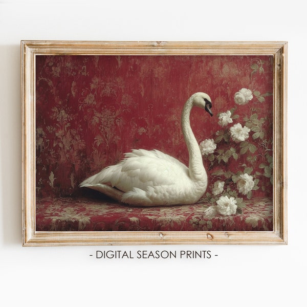 White Swan Painting, Vintage Print, Antique Cottagecore Art, PRINTABLE Digital Art, Instant Download