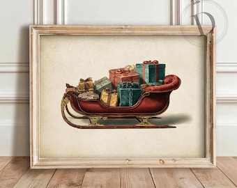 Christmas Sleigh with Gifts Printable Wall Art, Rustic Holiday Decor Scene, Digital Download