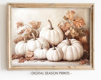 White Pumpkin Printable Wall Art, Rustic Autumn Harvest Print, Vintage ...