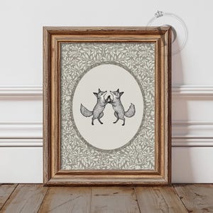 Dancing Foxes Wall Art, Vintage Woodland Nursery Animal Print, Digital Download