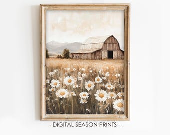 Barn with Daisies Printable Wall Art, Rustic Countryside Landscape, Digital Download