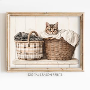 Stampa artistica con cesto della biancheria raffigurante un gatto: arredamento vintage in stile fattoria (download digitale)