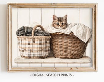 Laundry Room Decor Wall Art Printable, Cat Hiding in Laundry Basket Print, Farmhouse Art