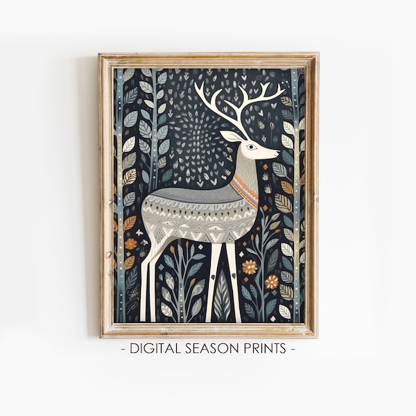 Nordic Deer Painting, Scandinavian Folk Art, Swedish Christmas Print, Printable Holiday Decor