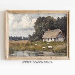 Cottage Sheep Wall Art, Printable Countryside Wall Art, Vintage Rural Farm Print, Rustic Pastoral Scene Decor, Digital Download