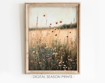 Wildblumen Wiese druckbare Kunst, Neutral Feld Blumenlandschaft Szene, digitaler Download