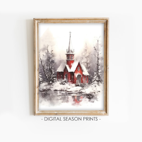 Snowy Red Old Church Painting, Winter Landscape Print, Christmas Printable Digital Wall Decor