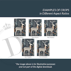 May include: An image showcasing examples of deer art prints in various aspect ratios: 2x3, 3x4, 4x5, 5x7, and 11x14. Each print features a stylized deer with white antlers and a patterned body, set against a dark blue background with floral elements. The text reads "EXAMPLES OF CROPS in Different Aspect Ratios".