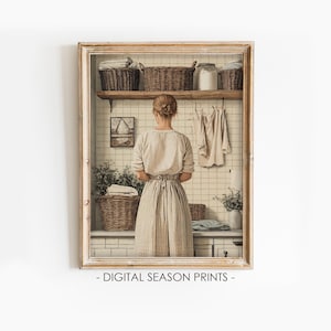 Woman in Laundry Room Decor, Printable Rustic Laundry Basket Painting, Vintage Country Print