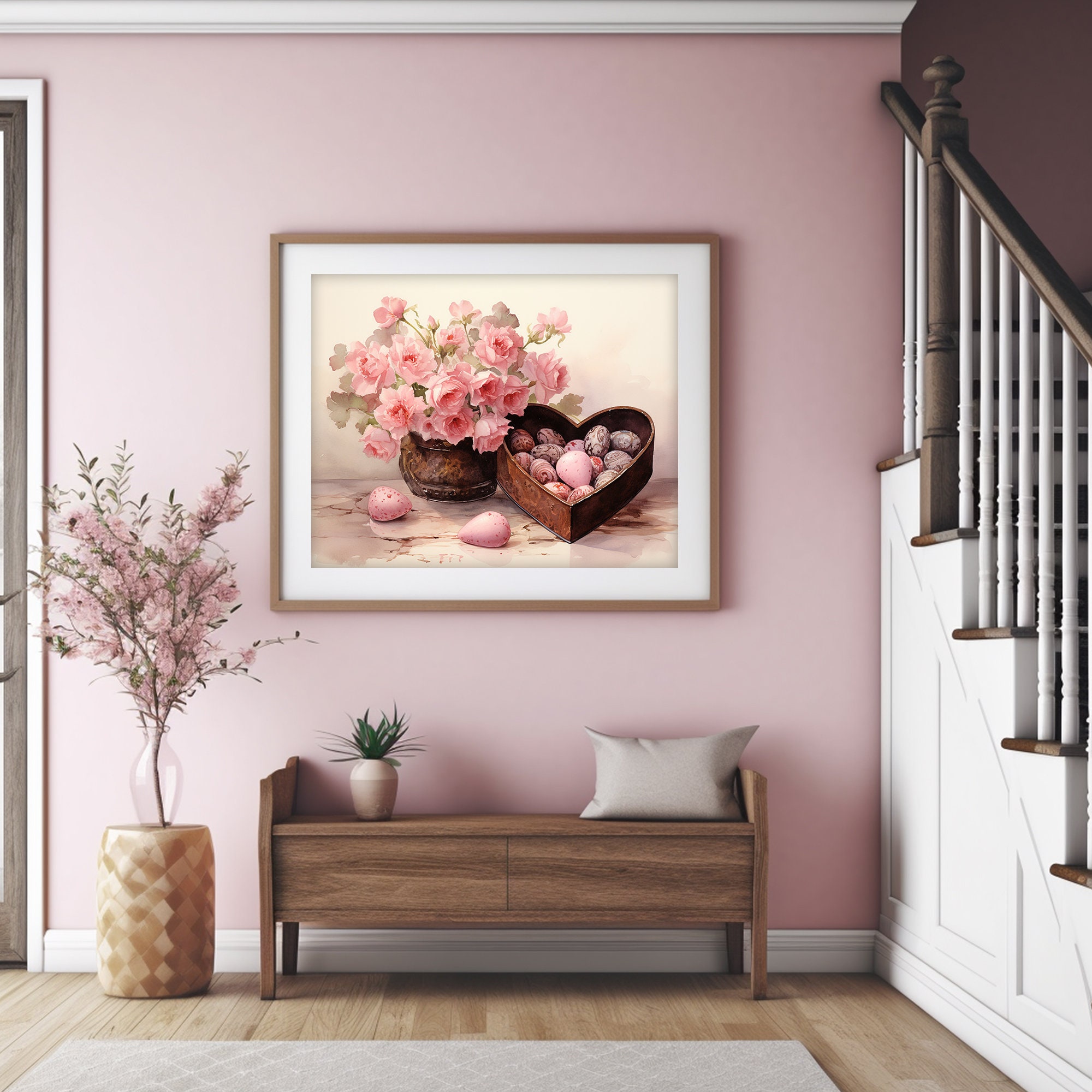 Pink Floral Bouquet Wall Art, Romantic Valentine’s Day Decor, Digital ...
