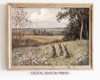 Vintage Rabbit Print: obraz olejny przedstawiający angielską wieś (pobranie cyfrowe)