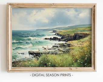 Impresión artística de los acantilados de Donegal, paisaje costero irlandés vintage, descarga digital