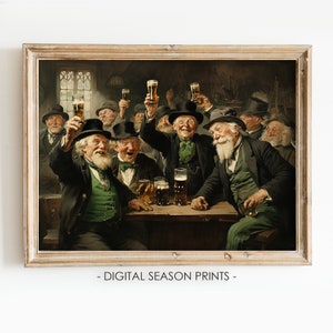 Pode incluir: Uma pintura de um grupo de homens num pub, todos a levantar os seus copos de cerveja num brinde. Os homens usam roupas tradicionais irlandesas e sorriem e riem. A pintura é ambientada num pub com pouca luz com mesas e cadeiras de madeira.