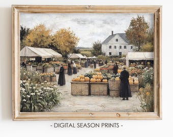 Autumn Market Printable Wall Art, Pumpkin Harvest Countryside Scene, Digital Download