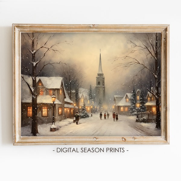 Snowy Christmas Town with Church Print Christmas Home Decor