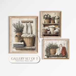 Rustic Laundry Room Printable Gallery Wall Set of 3, Farmhouse Basket Print, Digital Download