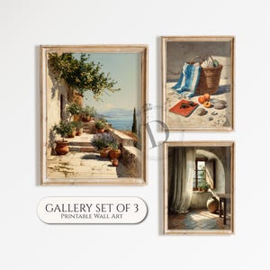 Mediterranean Wall Art, Printable Summer Gallery Wall Set of 3, Coastal Terrace and Beach Print, Rustic Home Decor, Digital Download