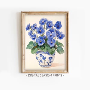 Impression de pensée, peinture de fleurs de printemps, fleur floral botanique vintage, art mural imprimable, téléchargement numérique
