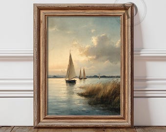 Segelboote bei Sonnenuntergang druckbare Wandkunst, Wasserlandschaft, digitaler Download