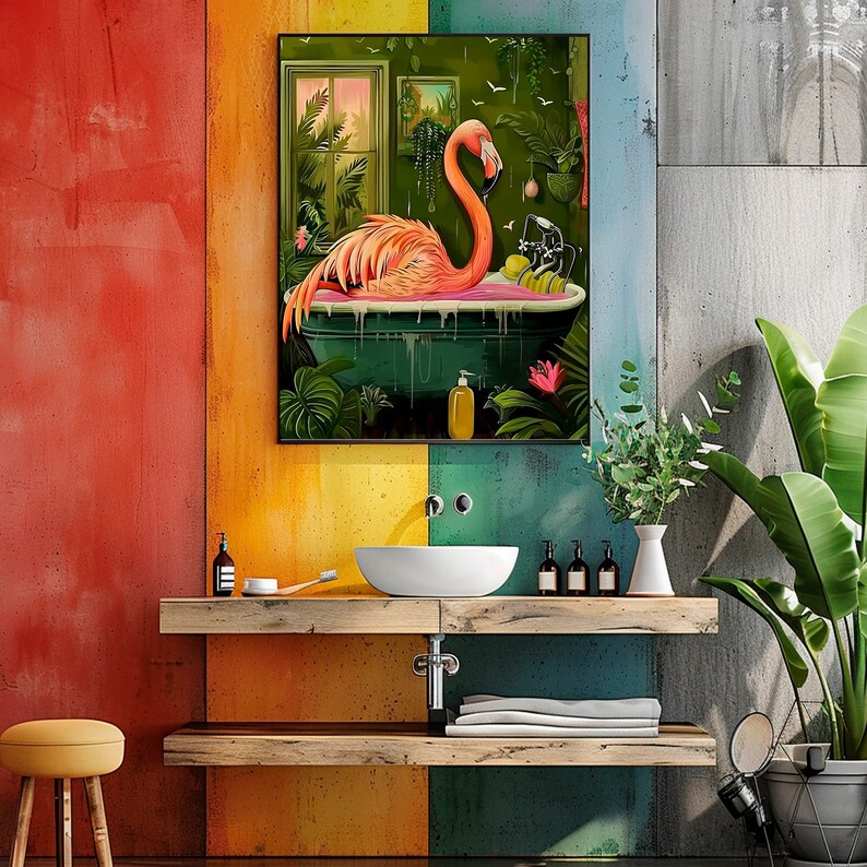 Flamingo Print, Printable Tropical Bathroom Wall Art, Funny Animal
