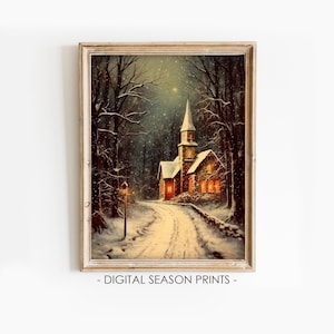 Snowy Church Wall Art, Printable Christmas Wall Art, Winter Country Chapel Scene Print, Rustic Christian Holiday Decor, Digital Download