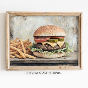 Cheeseburger and Fries Print, Printable Traditional American Fast Food Painting, Rustic Farmhouse Kitchen Art, Cottagecore Wall Decor