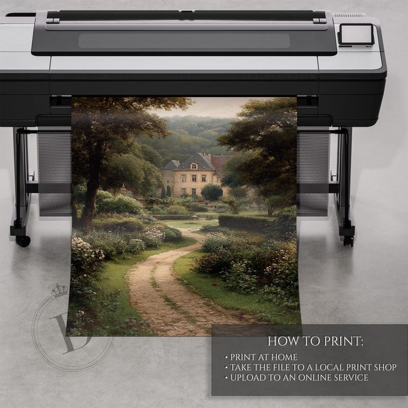 May include: A large-format printer displaying a printed landscape image of a European estate with a winding path. The print shows a detailed painting with a dirt path leading to a building. The image includes text: "HOW TO PRINT: PRINT AT HOME, TAKE THE FILE TO A LOCAL PRINT SHOP, UPLOAD TO AN ONLINE SERVICE."