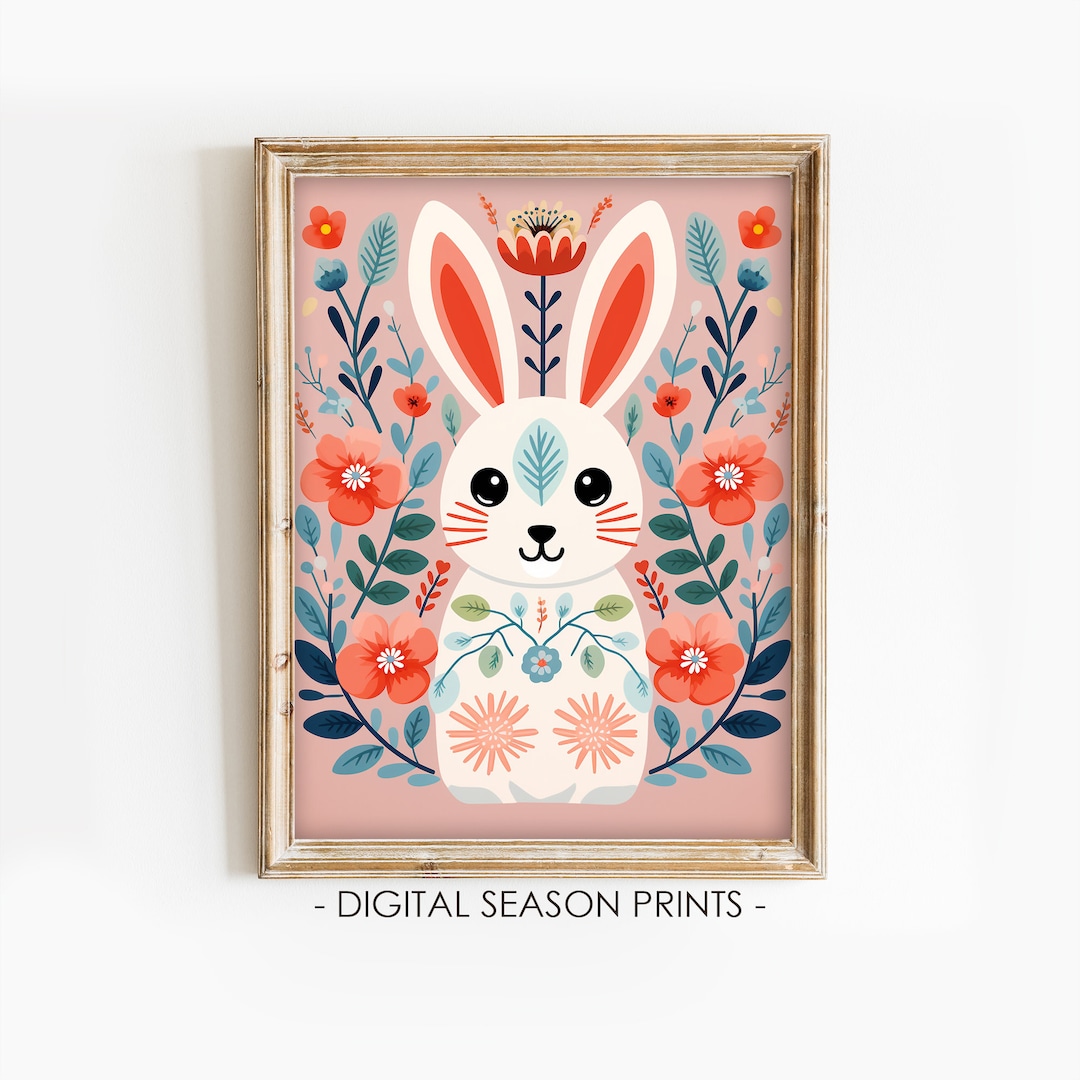 Scandinavian Rabbit Wall Art, Printable Spring Wall Art, Swedish Folk ...