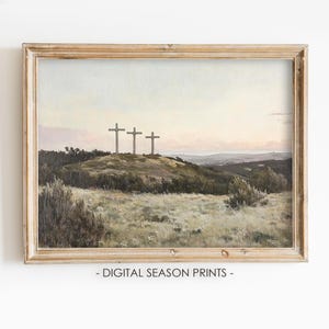 Three Crosses on Hilltop Print, Printable Antique Religious Oil Painting of Sunrise, Digital Download