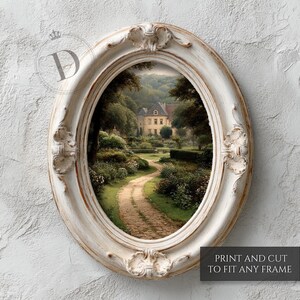 May include: An oval, ornate, white picture frame with a landscape painting inside. The painting depicts a winding dirt path leading to a large house surrounded by trees and gardens. The text "PRINT AND CUT TO FIT ANY FRAME" is at the bottom.