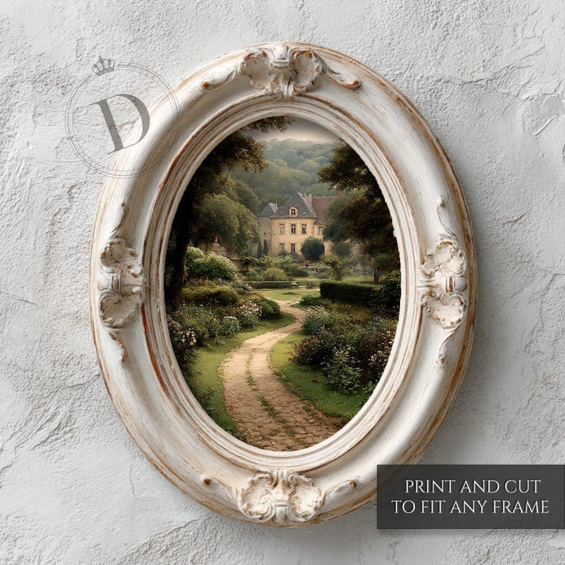 May include: An oval, ornate, white picture frame with a landscape painting inside. The painting depicts a winding dirt path leading to a large house surrounded by trees and gardens. The text "PRINT AND CUT TO FIT ANY FRAME" is at the bottom.