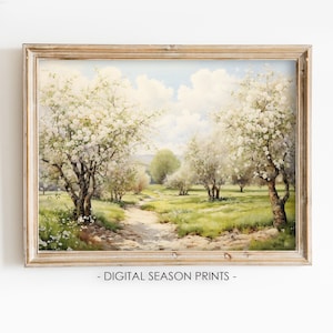 Spring Orchard Printable Wall Art, Blossoming Trees Countryside Path, Digital Download