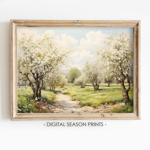 Spring Orchard Printable Wall Art, Blossoming Trees Countryside Path, Digital Download