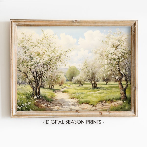 Blooming Trees in Spring Print, Apple Tree Painting, Spring Garden Landscape, Printable Wall Art, Digital Download