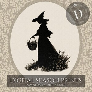 May include: A black silhouette of a person in a witch hat and dress, carrying a basket of flowers. The image is set against a cream-colored oval background with a decorative border. Text at the bottom reads "DIGITAL SEASON PRINTS".