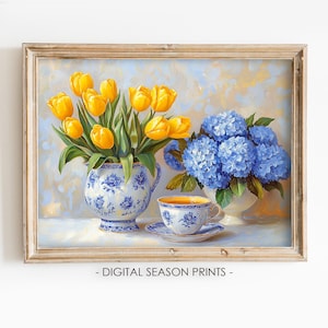 Pintura floral de primavera Tulipa e hortênsia Arte de parede para impressão Arte de flores de primavera Download digital