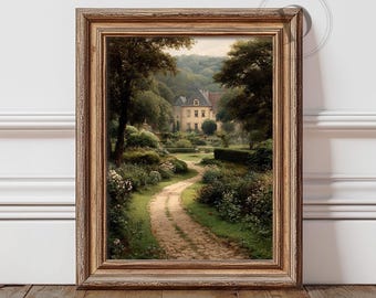 Französische Schlossgarten Wandkunst, romantische Landschaft Weg Druck, digitaler Download
