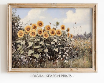 Sunflower Field Wall Art Printable, Provence Summer Wildflower Print, Farmhouse Kitchen Decor