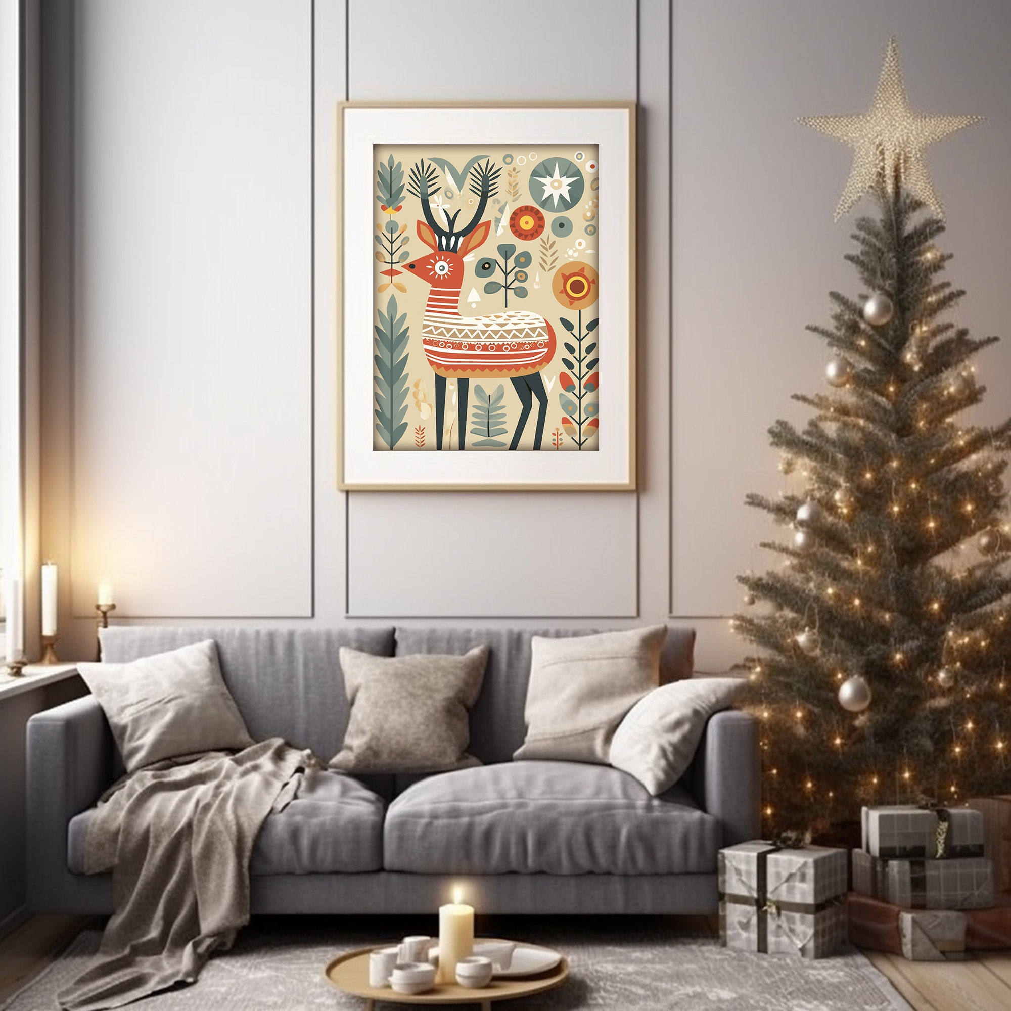 Scandinavian Deer Painting, Nordic Folk Art, Swedish Christmas Print, Printable Holiday Decor - Etsy