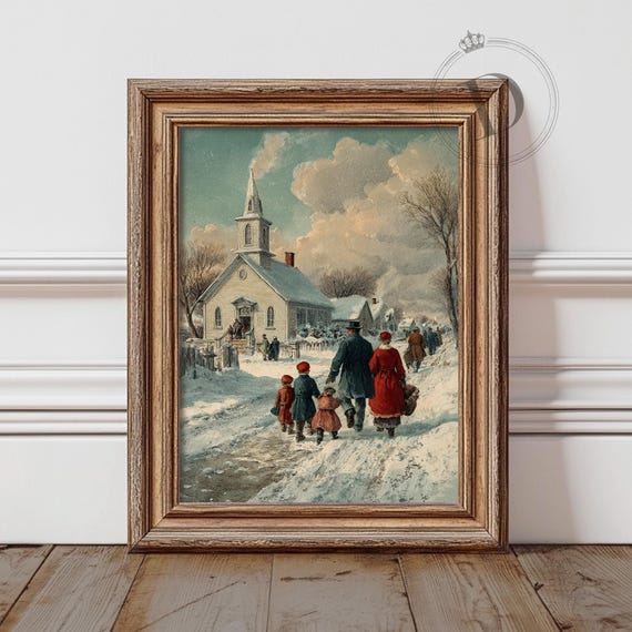 Christmas Church Wall Art Print, Vintage Winter Village Scene, Digital Download