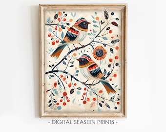 Scandinavian Bird Folk Art Print: Swedish Nordic Decor (Digital Download)