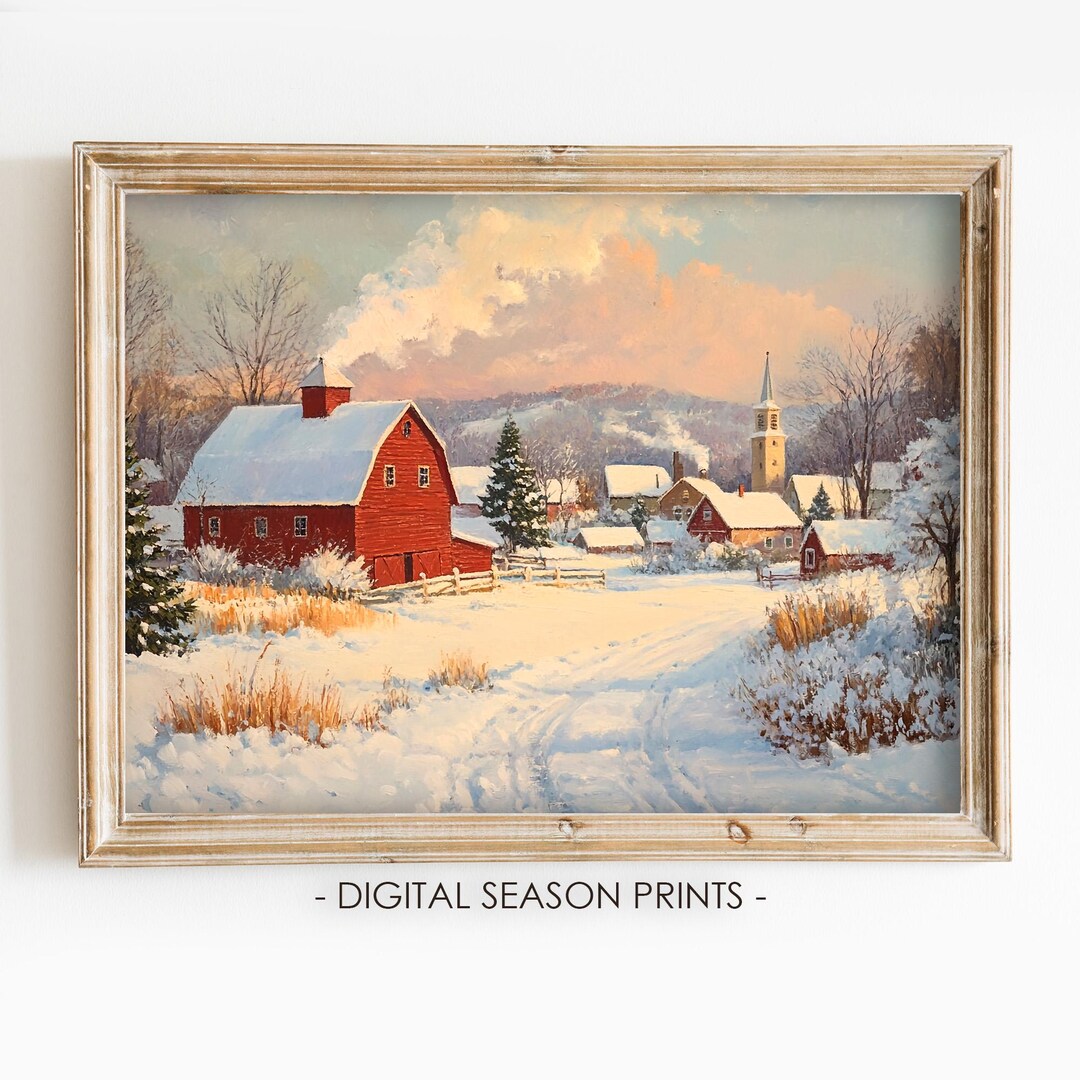 Christmas Red Barn Wall Art, Printable Vintage Rustic Country Village ...