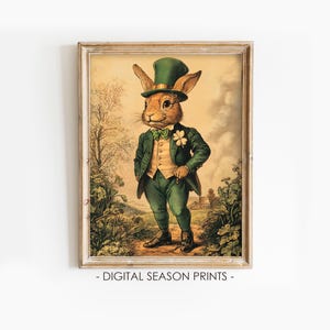 May include: A vintage illustration of a rabbit wearing a green top hat, a green suit, and a shamrock pin. The rabbit is standing in a field with green grass and trees.