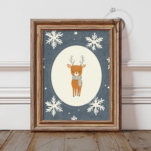 Reindeer Wall Art, Printable Christmas Wall Art, Cute Winter Animal Print, Snowflake Nursery Decor, Digital Download