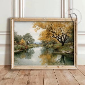 Golden Tree Wall Art, Printable Autumn Wall Art, Peaceful River Landscape Print, Countryside Nature Decor, Digital Download